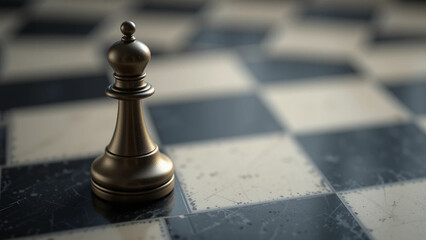A focused close-up of a dark bronze-colored black chess bishop positioned on a chessboard.