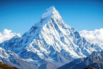 Fototapeta premium Majestic snow-capped mountain peak, vast blue sky