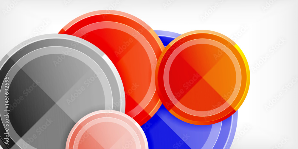 Poster colorful circular shapes overlap. metallic textures suggest awards, badges or tokens. bright hues cr