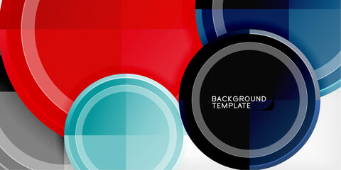 Obraz premium Abstract design features vibrant circles, squares, lines. Modern template utilizes red, blue, cyan, gray colors on black background.