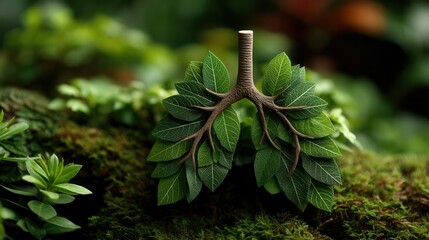 Creative leaf sculpture resembling lungs in forest