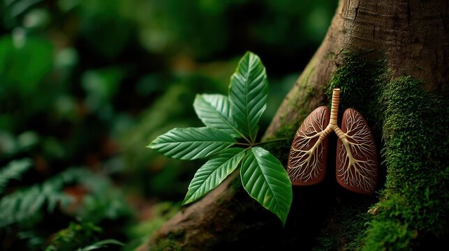 Peaceful nature symbolism with lung sculpture against tree trunk in forest - Powered by Adobe