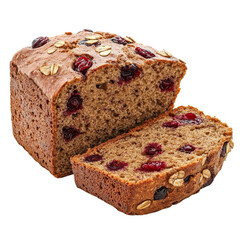 Wholemeal cranberry bread loaf with oats showcasing delicious texture and flavor on a transparent background, Wholemeal cranberry bread isolated