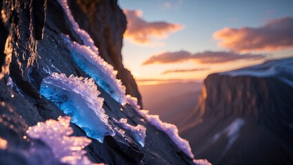 Frozen ice on mountain at sunset