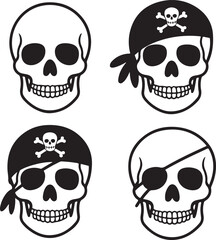 Black Skull Silhouettes Clipart – Simple Human Skull, Cartoon Skull & Pirate Theme Vector Set

