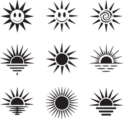 Fototapeta premium Black Sun Silhouettes Clipart – Smiling Sun, Spiral Sun, Bold Rays & Sunrise Over Horizon Vector Set