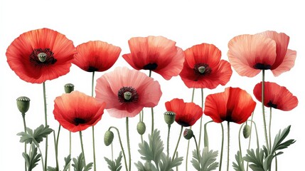 Fototapeta premium Vibrant red poppies in full bloom with delicate petals and lush green leaves against a white backdrop