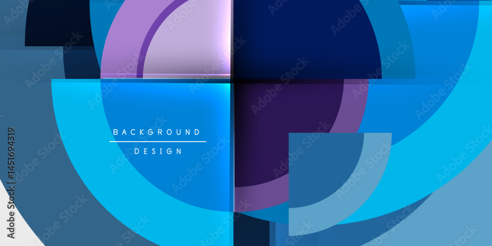 Poster Abstract geometric shapes overlap, creating vibrant blue, purple gradients. Modern design with dark background, simple text elements present.