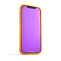 Isolated on white background, phone with purple screen and yellow case