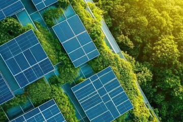 Rooftop solar panels with lush green plants