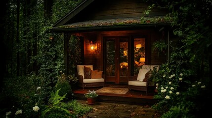 Fototapeta premium A small cabin porch surrounded by lush green foliage and flowers