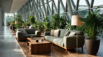 Peaceful modern lounge area in glass-walled airport terminal