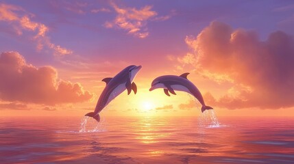 Naklejka premium A realistic image capturing two dolphins leaping joyfully in the warm hues of a sunset.