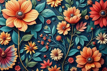 Intricate floral design, repeating seamlessly across surface, flowers, leaves, tile