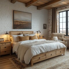 Rustic bedroom interior design, large bed, city view