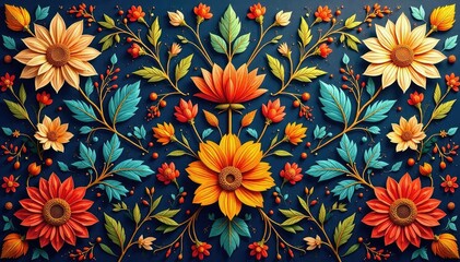 Intricate floral tapestry pattern, rich textures , digital art, pattern, geometric