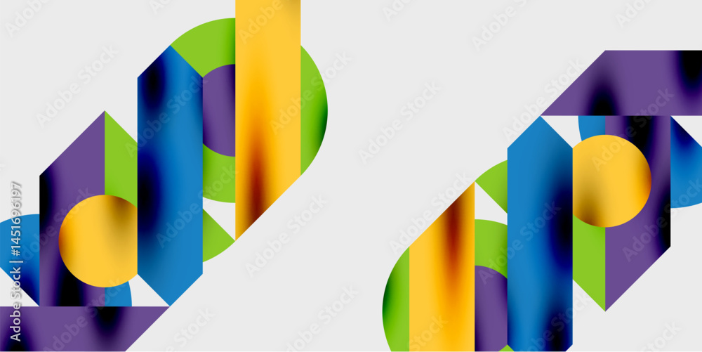 Poster Abstract geometric shapes overlap, creating vibrant color gradients. Composition features symmetry, bold lines, modern design.