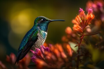 Fototapeta premium A hummingbird perched on vibrant flowers with a blurred background in a natural setting outdoors