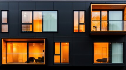 Modern building exterior with multiple windows emitting warm interior light