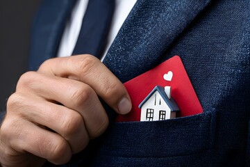 Real Estate Agent Holding House Model in Suit Pocket