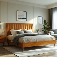 Modern wooden bed in bright bedroom