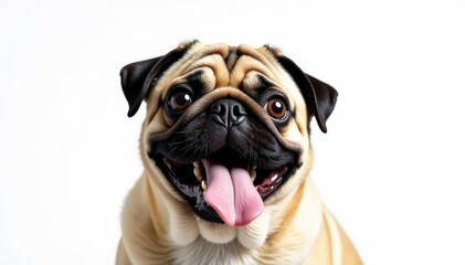 Playful pug with tongue out, isolated on pure white backdrop, studio shot, pet, dog breed