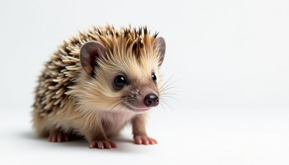 Single brown hedgehog on bright white, showing spines and tiny nose, pet animal, small animal