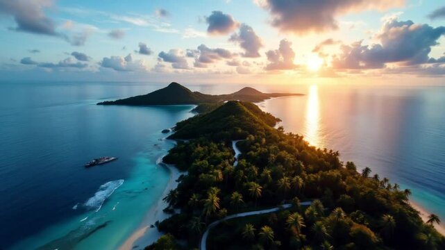 Modern drone flying over pristine tropical island with turquoise waters against clear sky backdrop