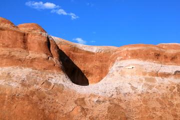 The amazing colors and rock formations at Arches National Park, Utah, seen here against a bright blue sky.