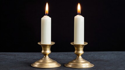 The brass candle holders hold lit white candles, their warm glow enhancing the vintage charm of the space, bringing a sense of nostalgia and timeless elegance to the decor.
