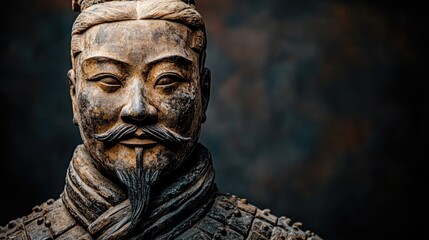 Ancient Chinese warrior statue. Close-up of weathered terracotta face