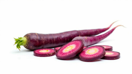 A vibrant purple carrot is displayed alongside several cross-sectional slices on a white background