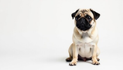 Adorable pug dog sits alone, white background, pet, background, cute