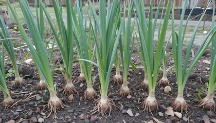 Obraz premium Cultivation of fresh scallions growing in the garden, fresh ingredients
