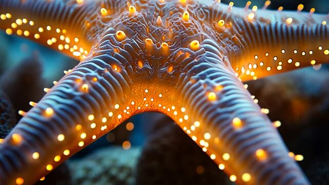 Close-up of a vibrant starfish displaying intricate textures and bioluminescent patterns on a coral reef
