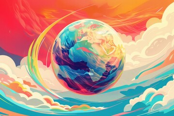 Colorful Illustrated Globe Surrounded by Vibrant Abstract Clouds
