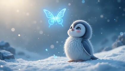 Obraz premium Whimsical winter scene of a penguin captivated by a glowing butterfly