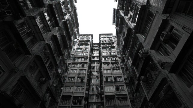 Intricate urban architecture viewed from below.