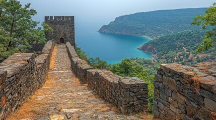 Ancient stone fortress walkway overlooking turquoise sea and hills