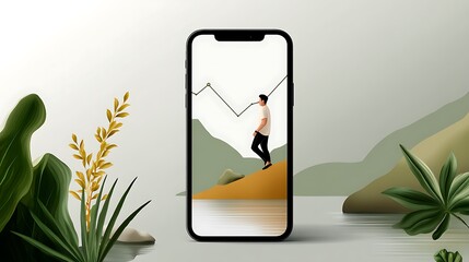 Person Standing on a Rock with Smartphone Displaying Data Trends Against Nature Background