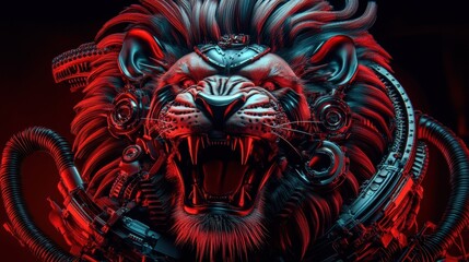 Fototapeta premium Futuristic lion head design vivid colors dark background