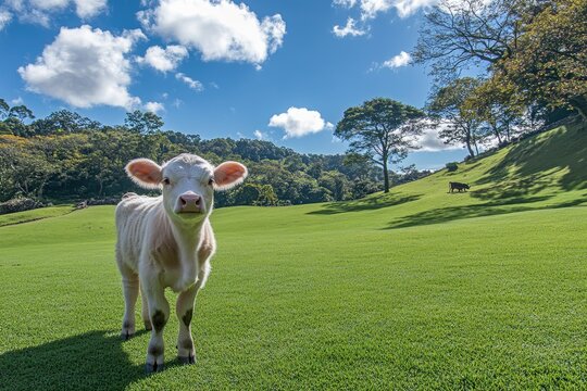 A young, white calf in a lush green field under a bright sky