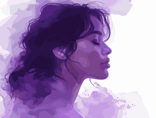 A sensual painterly portrait of a woman in profile in soft purple and lilac tones. Atmospheric illustration about dreams, intuition, tranquility, melancholy and deep inner beauty and peace.