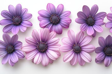 Fototapeta premium Purple daisies scattered on white background, minimalistic flat lay in boho style, floral concept with natural and artistic vibe.