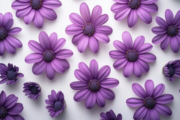 Purple daisies scattered on white background, minimalistic flat lay in boho style, floral concept with natural and artistic vibe.