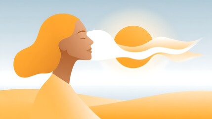 Serene Woman in Desert Landscape with Sun and Wind Illustrating Peace and Tranquility in Nature