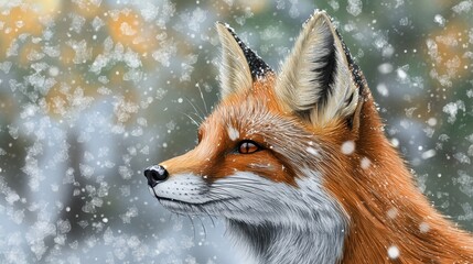 Obraz premium A realistic photo captures a red fox in a close-up portrait, set against a snowy backdrop.