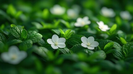 Delicate white flowers among lush green foliage