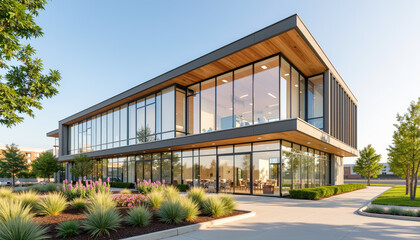 Modern office building surrounded by landscaped greenery  