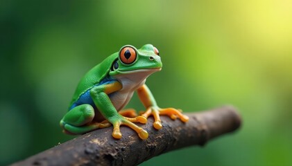 Fototapeta premium Green tree frog perched on white, vibrant colors, tree frog, amphibian, fauna